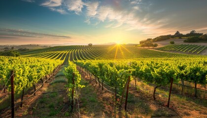 A field of grape vines with a beautiful sunset in the background by AI generated image - obrazy, fototapety, plakaty