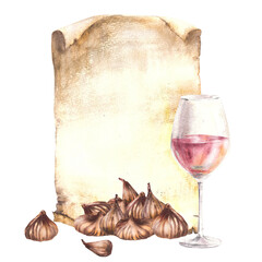 Dried figs fruit with glass of alcoholic drink or wine on vintage paper background. Beverage drink menu, wine list template, liquor, schnapps label. Watercolor food hand drawn illustration Isolated