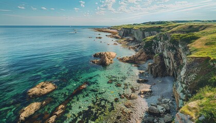 A blue ocean with rocks and a cliff in the background by AI generated image