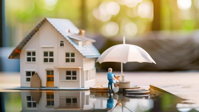 Miniature house under an umbrella on a reflective surface with coins. Home insurance and savings concept.
