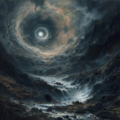 Vast cosmic vortex with celestial light at the epicenter over a surreal rocky landscape - obrazy, fototapety, plakaty