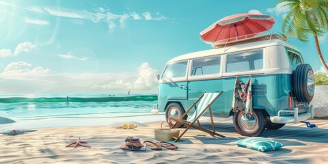 Vintage van for a trip to the beach with a sun lounger and umbrella. Summer family travel concept.
