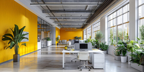 empty office  with white desks, green plants , grey accents, yellow wall color and  large window, empty bussines office room interior