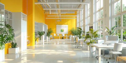 empty office  with white desks, green plants , grey accents, yellow wall color and  large window, empty bussines office room interior - obrazy, fototapety, plakaty