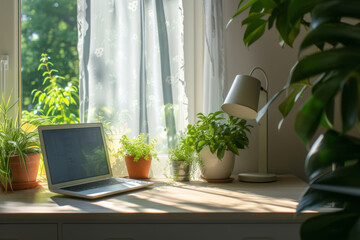 A tranquil and bright workspace by a window, a laptop and an array of vibrant houseplants, embodying a modern and refreshing home office atmosphere