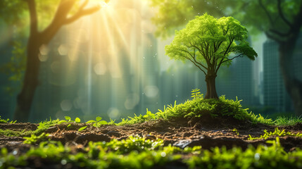 A 3d digital rendering of a mossy forest with filtered sunlight.