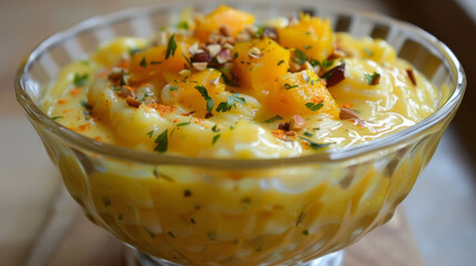 Lively mango dessert bowl adorned with nuts and herbs, embodying the flavors of bangladesh cuisine
