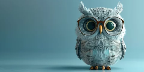 Poster Intelligent owl with stylish glasses on blue background, with space for text in the middle © SHOTPRIME STUDIO