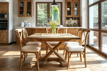 White dinner room with green landscape in window. Scandinavian interior design. 3D illustration