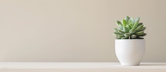 Simple background picture of an attractive workspace featuring a white desk and a succulent plant in the front, with space for text.