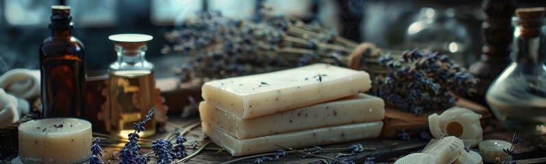 Several soap bars are stacked on a table with lavender flowers