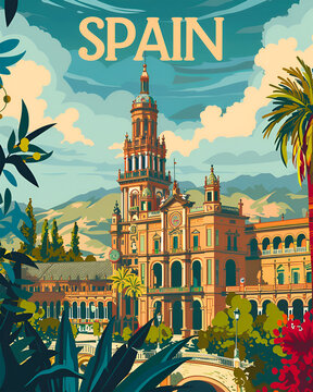 Spain Travel Poster Retro Vintage Vector Illustration