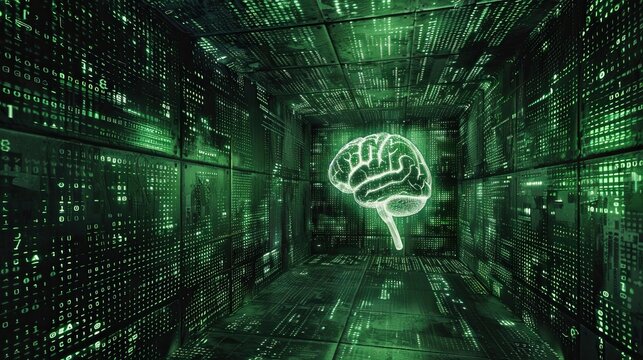 A glowing brain illustration inside a digital data tunnel