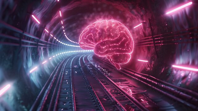 A neon-lit, digital representation of a human brain inside a tunnel-like structure