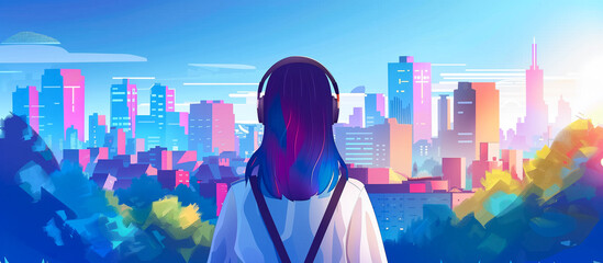 Obraz na płótnie Canvas a young woman wearing headphone listeing music with colorful cityscape view