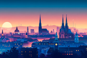 Vienna Austria City Vector Skyline Illustration Silhouette Sunset - obrazy, fototapety, plakaty