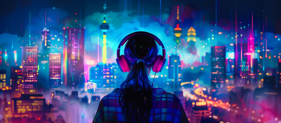 a young woman wearing headphone listeing music with colorful cityscape view