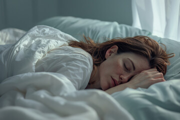 Obraz na płótnie Canvas femme en train de dormir reposée et calme à la lueur de la lumière du matin
