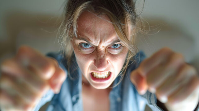femme rageuse de face exprimant sa col&egrave;re les poings serr&eacute;s devant elle