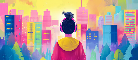 a young woman wearing headphone listeing music with colorful cityscape view - obrazy, fototapety, plakaty