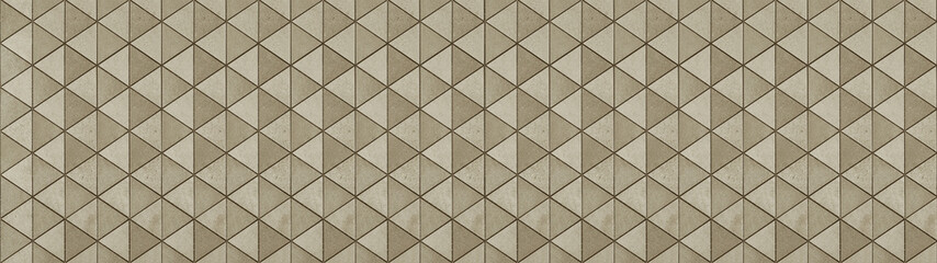 Abstract beige triangular cement concrete stone mosaic tiles, tile mirror or wallpaper texture with geometric hexagon triangles background banner panorama, seamless pattern.