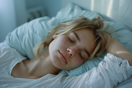 femme en train de dormir repos&eacute;e et calme &agrave; la lueur de la lumi&egrave;re du matin