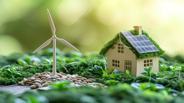 Wind mill of Eco Green Energy. Future Alternative energy or awareness of environment concept,Wind turbine. home on grass blue sky background.