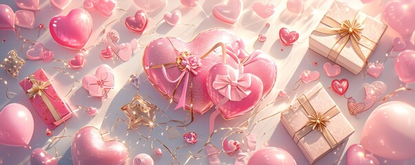 Valentine background with pink and gold hearts, gift box and balloons