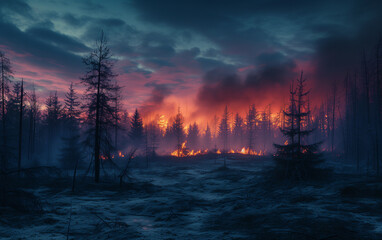 Forest fire at night. Natural disaster, flames destroy the forest. Fiery glow over the fire. 3d image