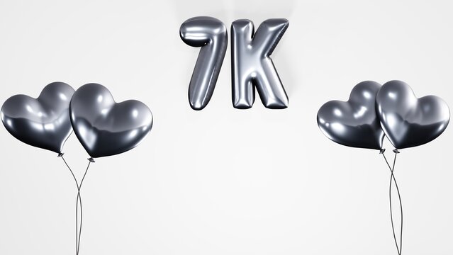 7k , 7000 followers, subscribers, likes celebration background with heart shaped helium air balloons and balloon texts on white background 8k illustration.	