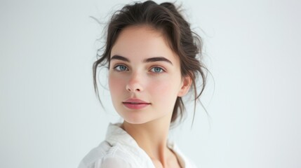 A serene young European woman with striking blue eyes and a subtle smile, set against a pure white background