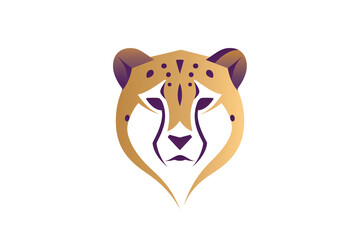 A minimalistic cheetah face icon with a sleek, metallic gold finish, enhanced by clean lines and a touch of deep purple. Isolated on white background.