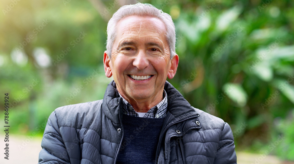 Poster Portrait, smile and elderly man in garden or park for leisure, outdoor recreation and retirement. Face, flare and green with happy senior person in nature to relax for summer wellbeing or wellness