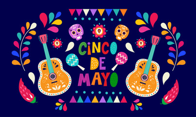 Beautiful vector illustration with design for Mexican holiday 5 may Cinco De Mayo. Vector template with traditional Mexican symbols skull, Mexican guitar, flowers, red pepper - 788460903
