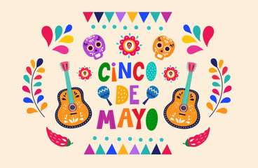 Beautiful vector illustration with design for Mexican holiday 5 may Cinco De Mayo. Vector template with traditional Mexican symbols skull, Mexican guitar, flowers, red pepper - 788460913