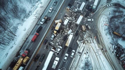 An overhead view of a highway pile-up due to poor weather conditions.