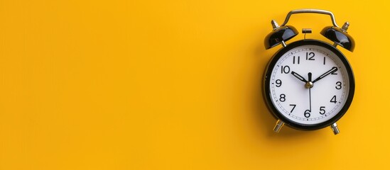 Vintage black alarm clock with a white face on a yellow background in a flat lay or top view, captured in a studio setting with space for text, conveys the idea of time, deadlines, or reminders.