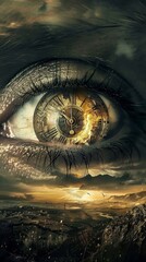 There is a clock in the eye of a person with a sky background