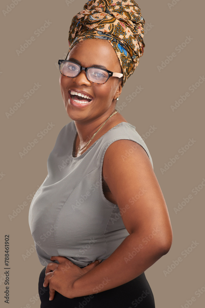 Wall mural Black business woman, happy and portrait in studio for career, growth or excited for job by background. African entrepreneur, person and smile for pride, fashion or confident at creative media agency