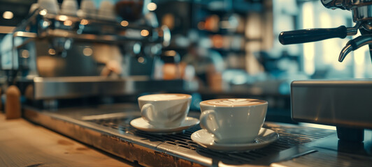 Close-up of coffee cups on an espresso machine in a modern cafe, with a blurry background