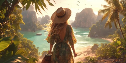 A blonde woman wearing straw hat is walking along the beach with tropical mountains in background. - obrazy, fototapety, plakaty