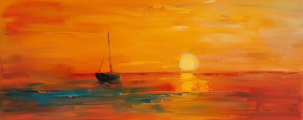 Abstract painting: Sea, sky and sun. Postcard with sunset on the sea and ocean - obrazy, fototapety, plakaty