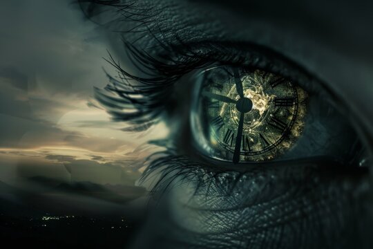 There is a close up of a person's eye with a clock in the reflection