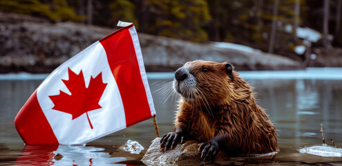 Canada Day celebration with a beaver with national flag by a lake in a natural forest background. - obrazy, fototapety, plakaty