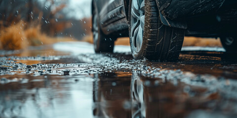 Sharp image showing car tire on a glistening wet surface with surrounding autumnal tones - obrazy, fototapety, plakaty