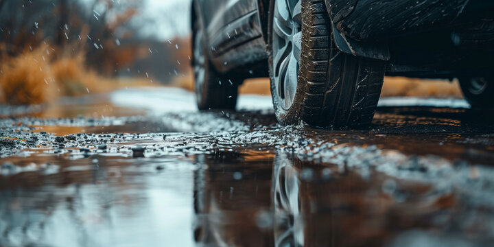Sharp image showing car tire on a glistening wet surface with surrounding autumnal tones