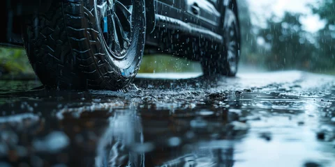 Fotobehang Precise focus on raindrops on a tire with the reflective wet road, capturing the mood of a rainy day © Renata