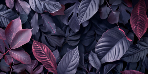 This image captures a lush arrangement of botanical leaves in moody blue and purple hues, highlighting nature's beauty