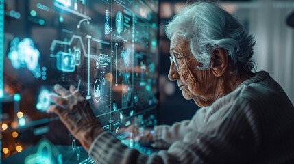 an elderly person looks at a futuristic AI display
