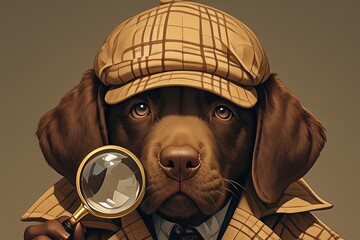 A brown dog wearing an English deerstalker hat and coat, holding up his magnifying glas - obrazy, fototapety, plakaty